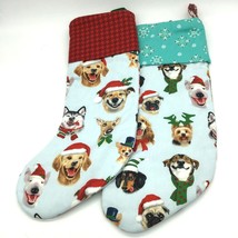 DOG FACES Christmas Stockings Handmade 16 x 6 inches lined hanging loop SET OF 2 - £22.56 GBP