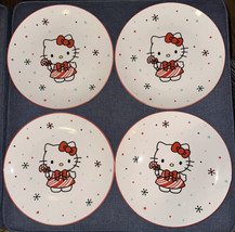 4 Hello Kitty Ceramic Christmas Candy Cane Dress Dinner Plates 10.5” Snowflakes - £68.15 GBP