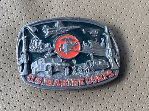 1991 US Marine Corps Bergamot Belt Buckle Pewter Blue/Red Enamel USA Vintage - $19.91