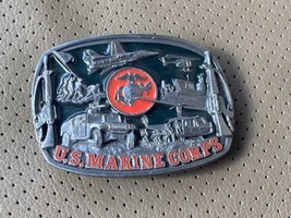 1991 US Marine Corps Bergamot Belt Buckle Pewter Blue/Red Enamel USA Vintage - £15.65 GBP