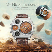 Men Army Sports Fashion Big Dial Leather Strap Quartz Wrist Watch Two Time Zone - £16.92 GBP