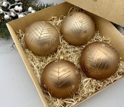 Set of 4 gold Christmas glass balls, hand painted ornaments with gifted box - £44.80 GBP