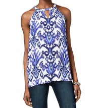 allbrand365 designer Womens Printed Keyhole Top Size Large Color Blooming Blue - £24.19 GBP