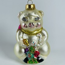 White Pig Mercury Glass VTG Christmas Ornament Hand Painted Glitter Candy Cane - £11.68 GBP