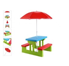 Colorful Children&#39;s 4 Seat Folding Picnic Table with Umbrella Kids Bench... - $109.98