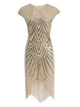 Women Crew Neck Cap Sleeve Sequin Fringe Vintage 1920s Flapper Gatsby Dress_ - £30.66 GBP