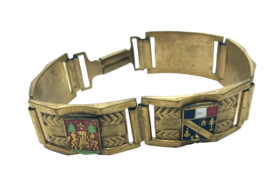 Vintage Bracelet France French Shield crest Bearn Gold Tone Panel Link enamel - £77.97 GBP