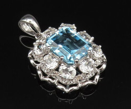 925 Silver - Vintage Shimmering Blue &amp; White Topaz Floral Pendant - PT21507 - £64.61 GBP