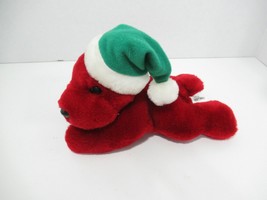Sugar Loaf Christmas plush red puppy dog wearing green Santa hat lying down - £4.72 GBP
