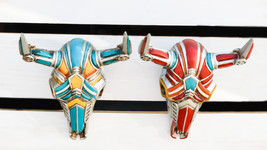 Set of 2 Red and Blue Western Robotic Cyborg Horned Cow Skull Wall Decors - £51.40 GBP