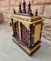 Wooden Temple Brass Fitted Mandir Handcrafted Pooja Ghar Mandap Home Decor Art - £150.24 GBP