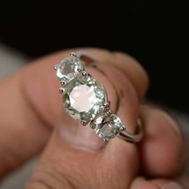 925 Sterling silver Three Green Amethyst Engagement Wedding Statement Ring  - £67.48 GBP