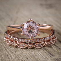1.85Ct Round Cut Peach Moraganite Bridal Wedding Ring Set 14K Rose Gold Over - £82.46 GBP