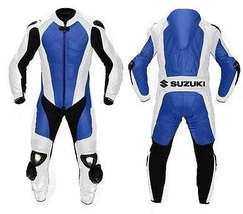 Suzuki BLUE/WHITE Gsxr Motorbike Cowhide Leather Racing Ce Rated Suit - £207.67 GBP