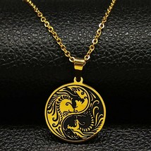 Dragon Yin Yang Necklace Gold Stainless Steel Draco Opposite Balance Amulet - £12.57 GBP