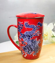 Red Oriental Dragon King 15oz Porcelain Tea Mug With Lid Stainless Steel... - $24.99