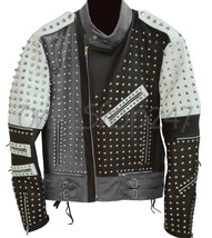 New Mens Gray Black White Full Silver Spiked Studded Zippered Leather Jacket - £167.82 GBP