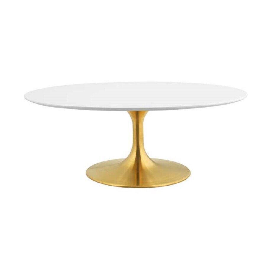 Primary image for 42" White Oval Lacquered Wood Top Pedestal Stem Coffee Table Gold Metal Base