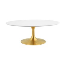 42&quot; White Oval Lacquered Wood Top Pedestal Stem Coffee Table Gold Metal Base - £455.84 GBP