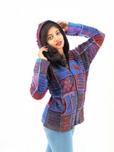 Handmade Boho Hoodie 100% Pre-Washed Cotton Fleece Lined Purple Blue S-M... - $69.99