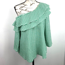 Cato One Shoulder Ruffle Blouse Top Women Size Medium Green Gingham Stretch - £10.04 GBP