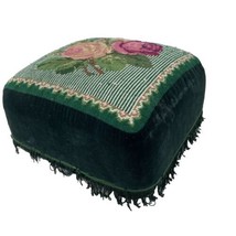 Victorian Green Red Rose Needlepoint Fringed Vintage Ottoman Small Foot Stool - £135.70 GBP