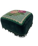 Victorian Green Red Rose Needlepoint Fringed Vintage Ottoman Small Foot ... - £138.48 GBP