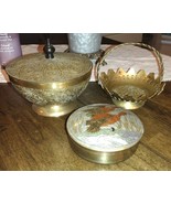 3pc Lidded Etched Brass Bowl Ornate Design Smaller Painted Bird W/ Lid &amp;... - $1,133.58 MXN