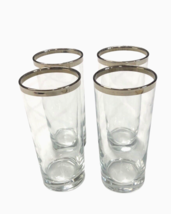 4 Vintage Anchor Hocking Clear Glasses with Silver Color Platinum Rims 6.25 Tall - £27.23 GBP
