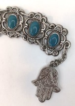 Vtg Souvenir du Maroc Moroccan  Bracelet Poured Teal Enamel Hamsa Hand C... - £15.72 GBP