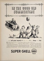 1937 Print Ad Super-Shell Gasoline Kids Play Baseball & Man in Car Cartoon - $17.08