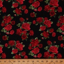 Cotton Red Roses Flowers Floral Black Cotton Fabric Print by the Yard D373.5 - £11.91 GBP