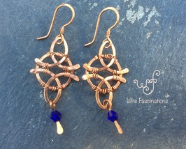 Handmade copper earrings: wire wrapped Celtic knot with blue crystal dangle - £27.97 GBP