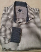 Michelsons London Dress Shirt Size Medium Mens Blue White Plaid Flip Cuffs - £14.07 GBP