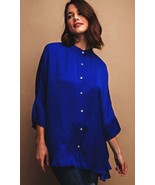New Gigio by Umgee Small Sapphire Blue Washed Satin Button Down Oversize... - £23.99 GBP