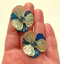 Vintage 925 sterling silver Blue Carved Plastic Flower Screwback Earrings - $19.79