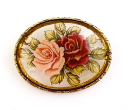 Vintage Gold Framed Clear Lucite Pink Red Rose Oval Brooch Pin - $17.82