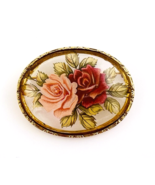 Vintage Gold Framed Clear Lucite Pink Red Rose Oval Brooch Pin - $17.82