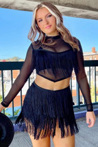 Black Tiered Fringe Trimmed Mini Skirt - $350.70 MXN