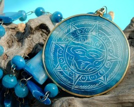 Vintage Carved Blue Agate Beads Mexican Aztec Etched Sundial Necklace - £27.93 GBP