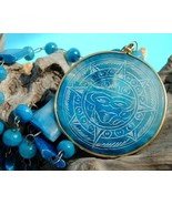 Vintage Carved Blue Agate Beads Mexican Aztec Etched Sundial Necklace - $34.95