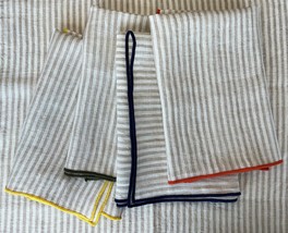 White Greige Striped Linen Napkins Set of 4 with Colorful Embroidered Edge - £26.77 GBP