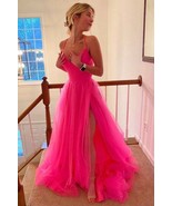 Hot Pink A-line V-neck Long Prom Dress, Tulle Preppy Graduation Dress - £116.68 GBP