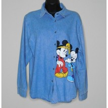 Mickey Unlimited Denim Shirt Sz Med Vintage 90s Button Up Mickey &amp; Minnie Mouse - £22.19 GBP