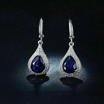 3Ct Pear Cut CZ Sapphire Clip-On Drop Dangle Earrings 14K White Gold Finish - £94.90 GBP