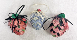 3 Quilted Ribbon Pinecone Handmade Christmas Ornament Decor Pink Blues Floral - $12.38