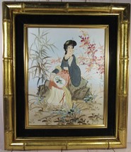 Art Oil Painting Oriental Woman Fan Flowers 8 x 10&quot; Gold Bamboo Wood Frame COA. - £71.75 GBP