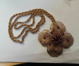 Large Massive Gold-tone Filigree Floral 4-Leaf Violet Bead Pendant Necklace - £44.94 GBP