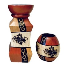 Ceramic Set Of 2 Graduated Intarsia Embossed Wood Design Pillar Candle Holders - £45.70 GBP