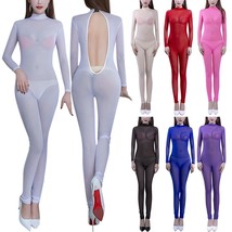 Women Sexy Seamless Shiny Bodystocking See Transparent Bodysuit Mesh Catsuit - £13.49 GBP+